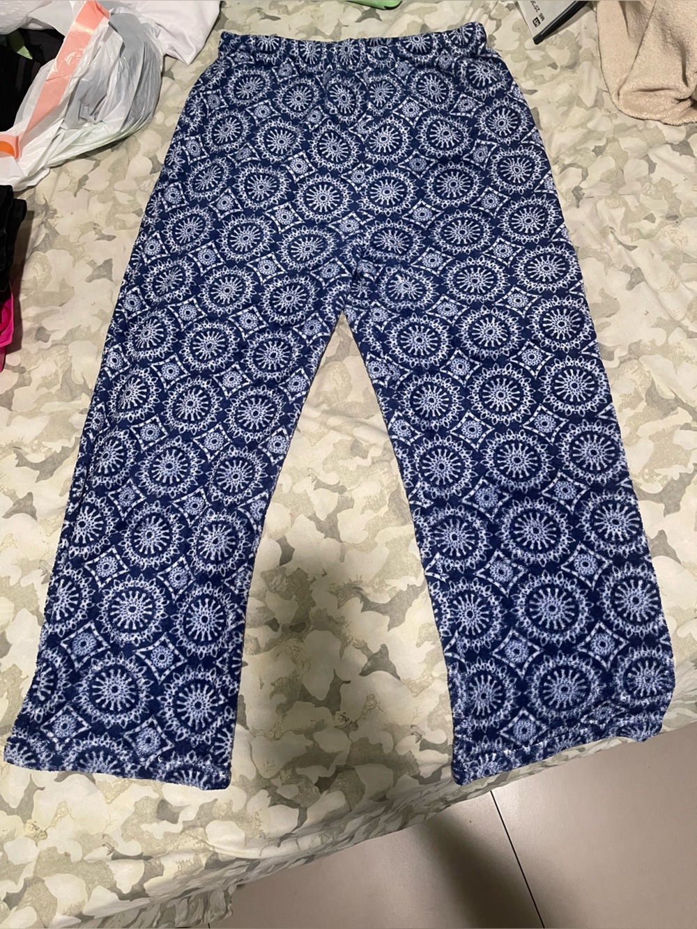 Navy Blue Patterned Wide-Leg Pants